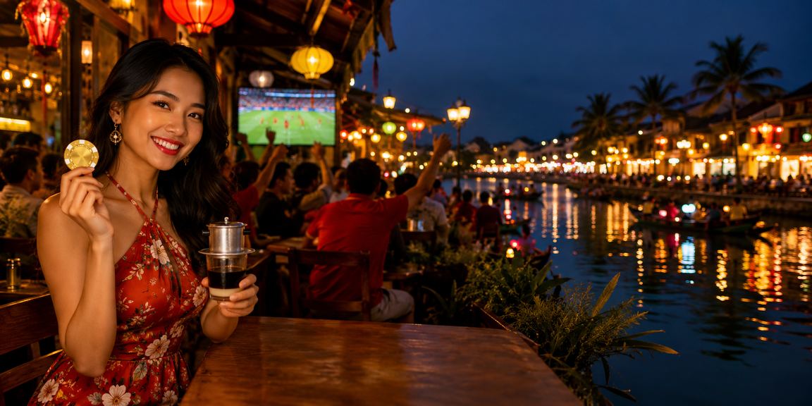 Khách chơi trò chơi mới tại quán cà phê Hội An trên điện thoại di động