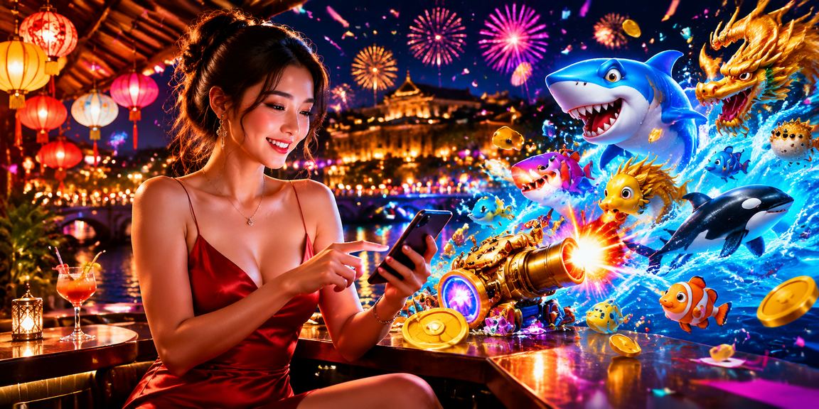Người chơi tham gia Bắn Cá trực tuyến tại chợ đêm Huế với điện thoại di động dưới ánh đèn rực rỡ